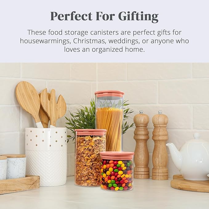 5-Piece Glass Storage Containers With Lids | Food Grade Safe Airtight Snack Containers, Pantry Organizers and Kitchen Storage with Colorful Bamboo Lids for Pasta, Oats, Coffee & Sugar