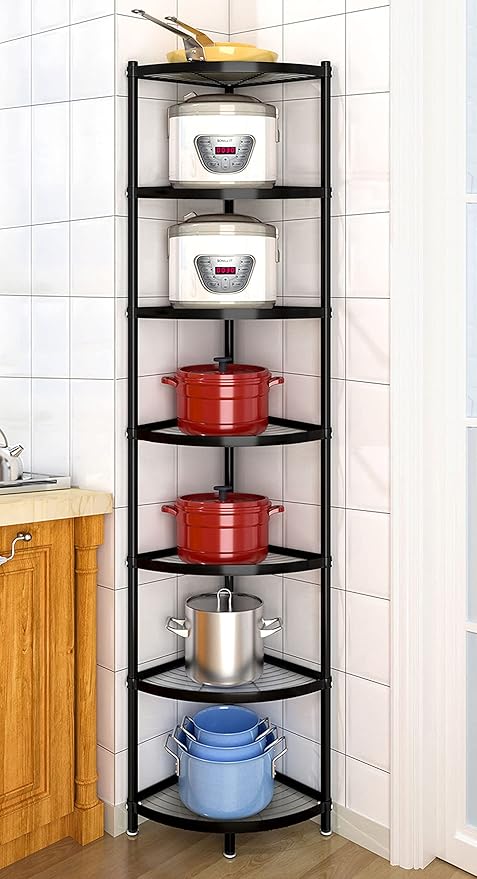 7-Tier Kitchen Corner Shelf Adjustable Pot Rack, Cookware Free Standing Storage Organizer ,Pot and Pans Tower Metal Shelves for Kitchen