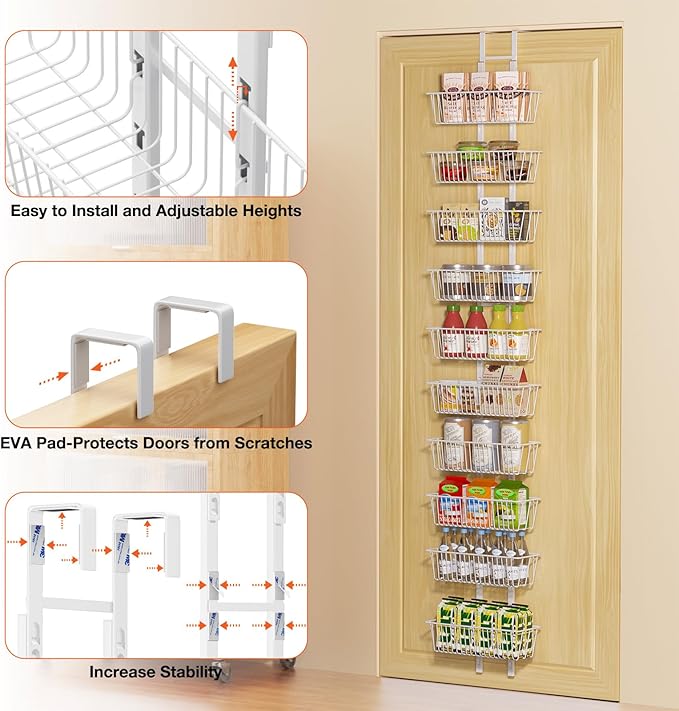 10 Tier Over the Door Pantry Organizer, Over the Door Spice Rack with Adjustable Baskets, Metal Hanging Door Pantry Organizers and Storage for Kitchen Bathroom Bedroom, White