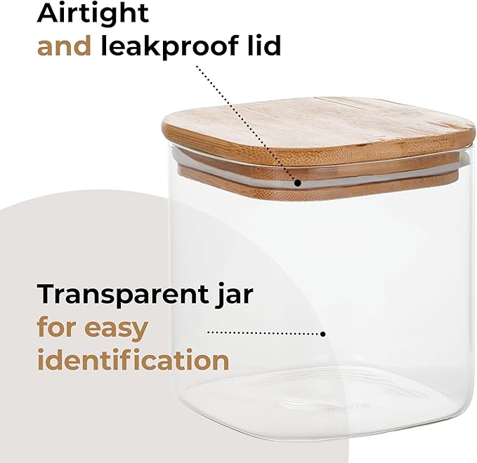 18.6oz Square Borosilicate Glass Canister With Bamboo Lid, Airtight Pantry Storage Jar Containers Ideal for Rice, Candy, Sugar, Flour, Nuts, Cookies and Coffee Beans (4 Pack)