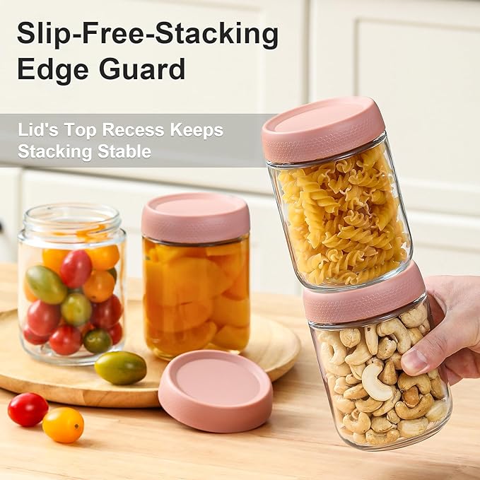 NETANY 6-pack 16oz Glass jars with Airtight Lids, Overnight Oats Containers with Lids, Wide mouth Mason Salad jars, Glass Food Storage Containers for Snacks Yogurt Spice Sugar-Pink