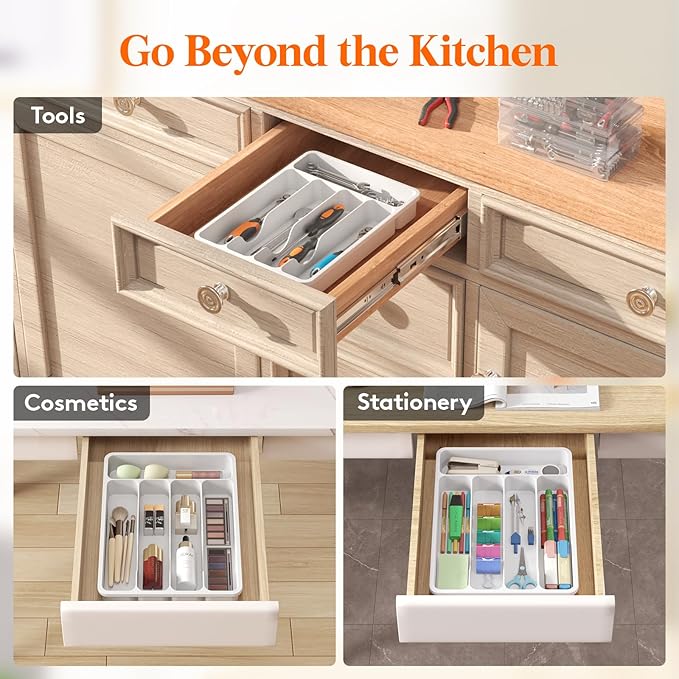 Lifewit Silverware Drawer Organizer Tray, Plastic Cutlery Storage for Kitchen Drawer, Flatware and Utensil Holder Divider for Spoons Forks Knives Tableware, 5 Compartment, White