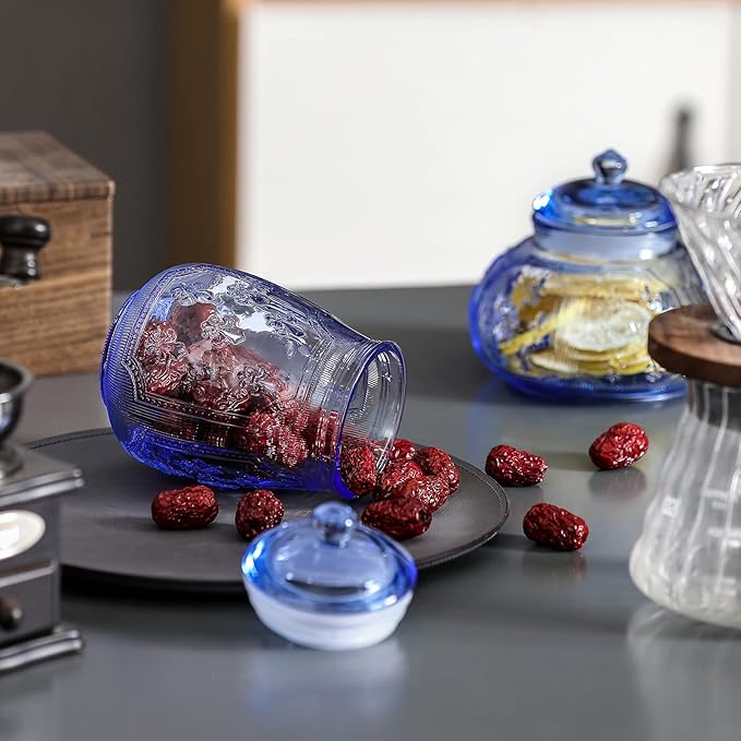 Vintage Blue Relief Glass Candy Dish With Airtight Lid For Food Storage,Candy Jars With Lids,Kitchen glass Airtight container Jars For Cookie Cereal Nuts Candy Cookies Coffee Tea,Household,Office,Gift