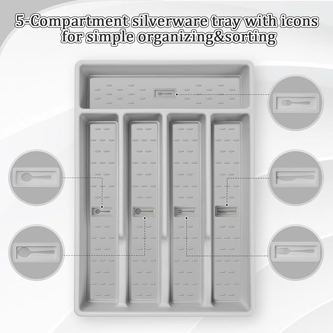 Silverware Organizer with Cutlery Icons,Silverware Tray for Kitchen Drawer,Plastic Flatware Tableware Cultery Drawer Organizer Utensil Organizer with Non-slip TPR Linings,5-Compartment,Grey