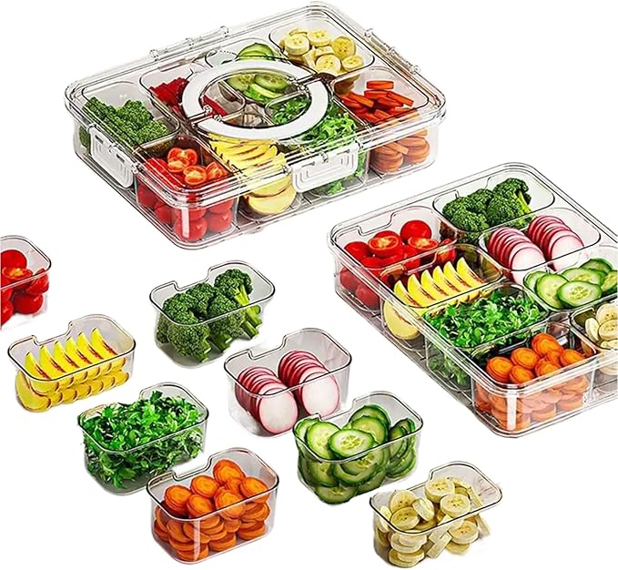 8 Compartment Transparent Plastic Snack Storage Container with Lids, Divided Serving Tray Food Organizer Box Travel Spice Box
