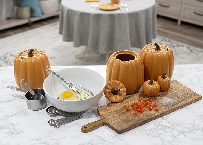 Nat & Jules Pumpkin Shaped 6 x 6 Inch Ceramic Storage Canisters: Perfect for Halloween, Thanksgiving and Indoor Fall Table Décor & Centerpieces - Set of 3, Orange