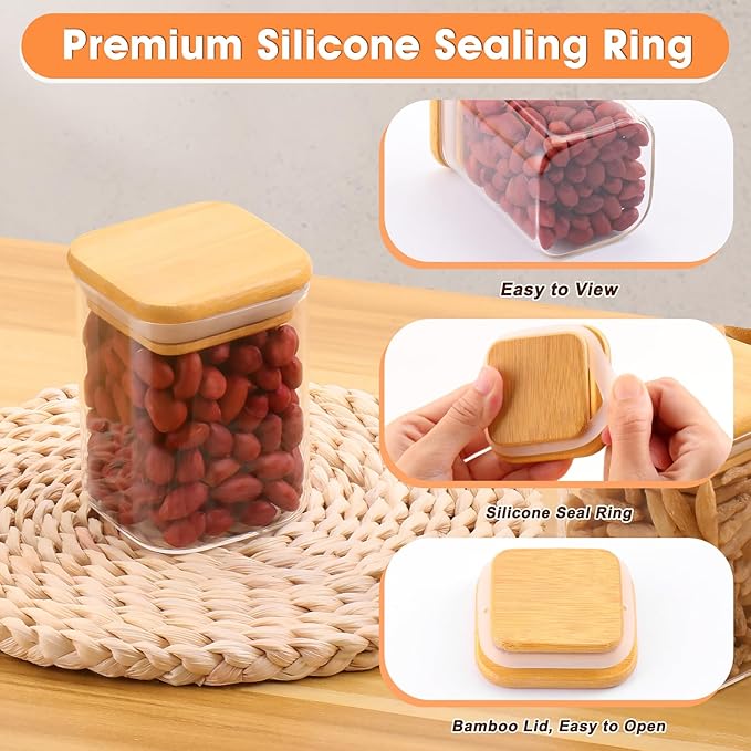 Glass Spice Jars with Bamboo Lids - 9 Oz Small Square Storage Jars with Airtight Lids Clear Pantry Food Storage Containers Glass Canister Set with Labels for Kitchen Coffee Sugar Flour(Set Of 10)