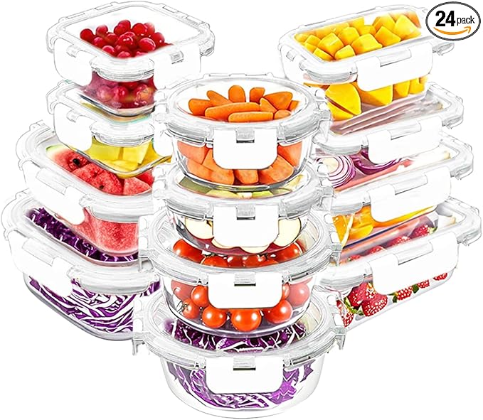 VERONES 24 Pieces Glass Food Storage Containers Set, Airtight Glass Lunch Containers, Glass Meal Prep Containers with Lids,Exclusive of BPA, for Microwave, Oven, Freezer & Dishwasher Friendly,White