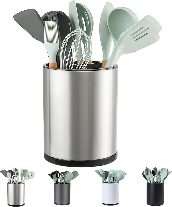 Kitchen Utensil Holder Extra Large 360°Rotating For Counter Organizer Stainless Steel Storage Cooking Silverware Caddy 3 Compartment Flatware Spoon Spatula Tool Cutlery Container(Silvery)