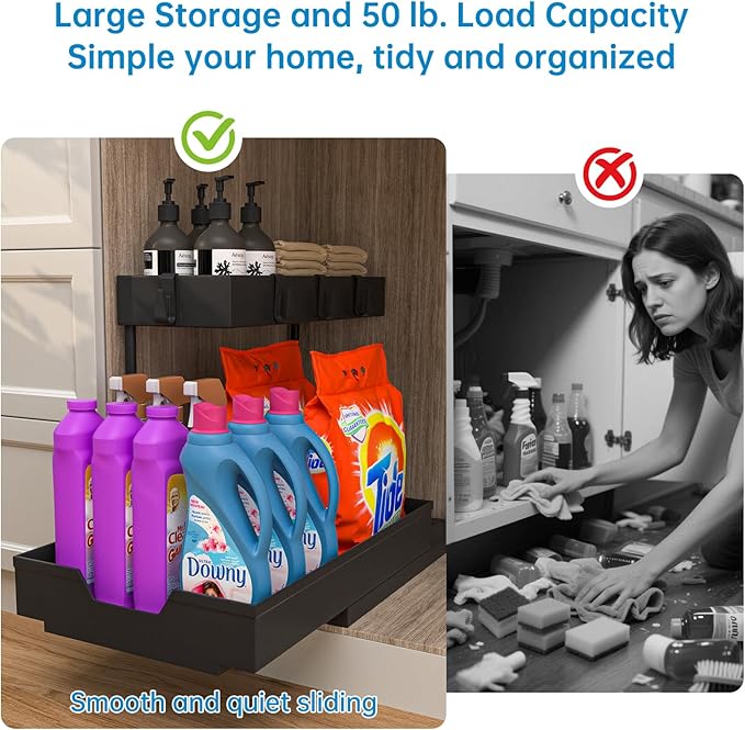 NATURE'S SOURCE 2-Tier Under Sink Organizer L-Shape Pull Out Cabinet Organizers Narrow Space Sink Shelf Storage Shelves Multi-purpose Organization Drawer for Bathroom Kitchen Pantry, 15.5 Inch, Black