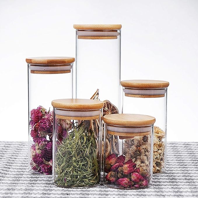 Hemoton 380ml Glass Kitchen Canisters with Airtight Bamboo Lid Glass Storage Jars Kitchen Organization for Flour Sugar Coffee Bean Candy Snack Loose Tea Salt, 6.5 x 6.5 x 15cm