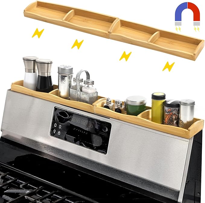 Yesland 30" Wide Stove Top Shelf Spice Rack Storage, Magnetic Bamboo Spices Shelf Flexible Seasoning Gadgets with 4 Functional Partitions for Home Stove Kitchen Storage Organization