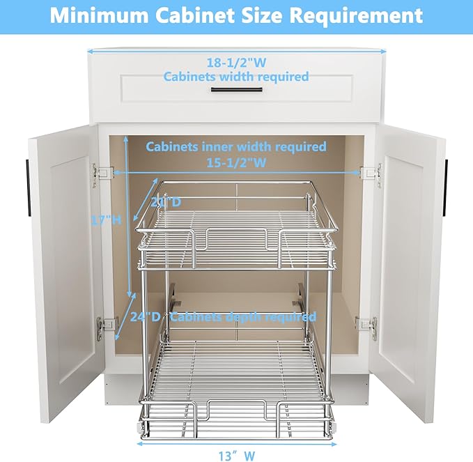 LOVMOR 2-Tier Pull Out Cabinet Organizer, 14" W x 21" D, Chrome Pull Out Drawer for Base Cabinet Silver