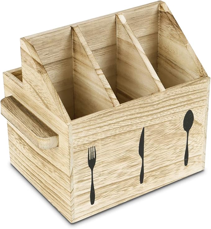 Ikee Design Rustic Elegant Wooden Flatware Organizer Caddy, Oak Color, 7'W x 5.5'D x 6.63'H