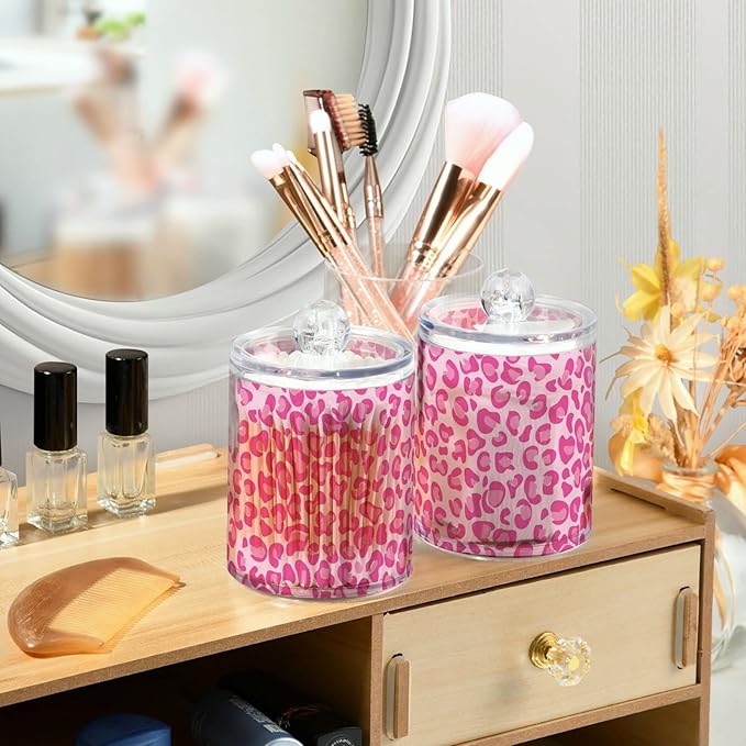 Rose Pink Leopard Print 2PC Airtight Transparent Plastic Storage Jar, Food Storage Container Glass, Can Store Candy, Salt, Coffee Beans, With lid, Easy To Use