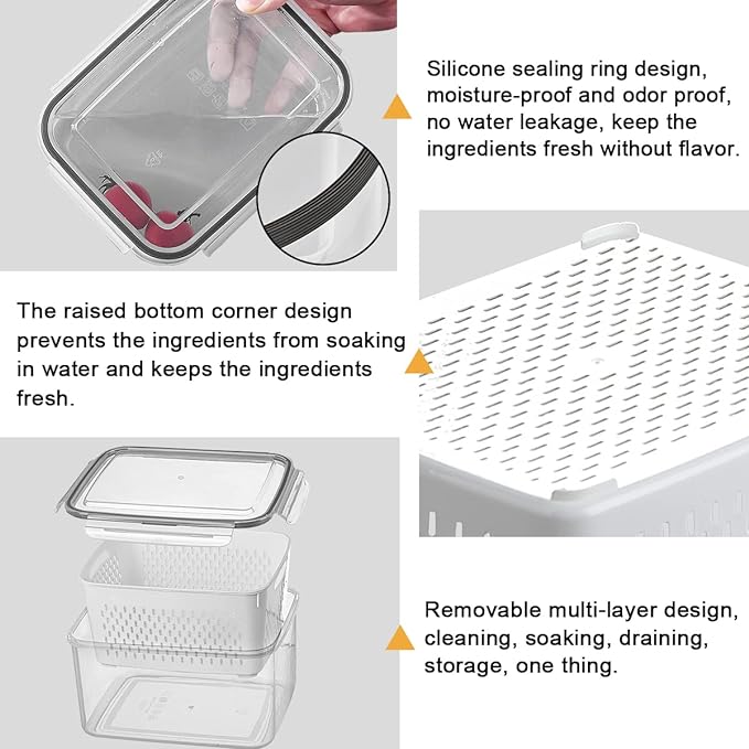 3Pack Fridge Food Storage Container Set with Lids with Strainer, Fruit Vegetable Storage Containers Keep Fruits, Vegetables, Berry, Meat Fresh longer, BPA-Free Plastic Produce Keepers