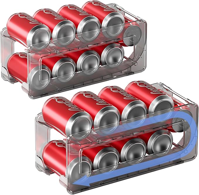 2 Pack Soda Can Organizer,Can Dispenser for Refrigerator Drink Storage Rack for Standard and Tall Can Pop Can Holders for Pantry Cabinet Smoky Gray