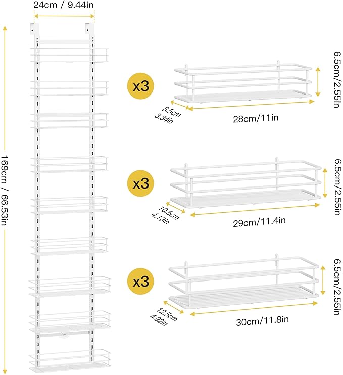 Pantry Door Organizer 12 Inch Wide, 9 Tier Hanging Adjustable Over the Door Spice Rack For Narrow Space,Matt White