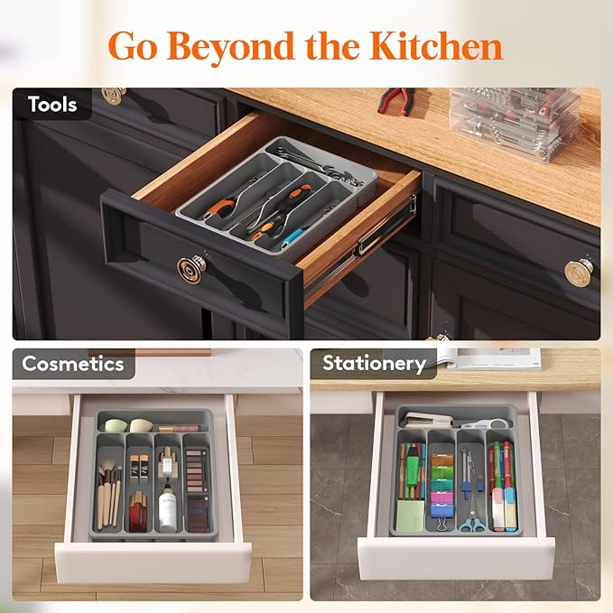 Lifewit Silverware Drawer Organizer Tray, Plastic Cutlery Storage for Kitchen Drawer, Flatware and Utensil Holder Divider for Spoons Forks Knives Tableware, 5 Compartment, Gray