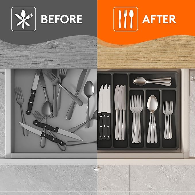 Lifewit Silverware Drawer Organizer Tray, Plastic Cutlery Storage for Kitchen Drawer, Flatware and Utensil Holder Divider for Spoons Forks Knives Tableware, 6 Compartment, Black