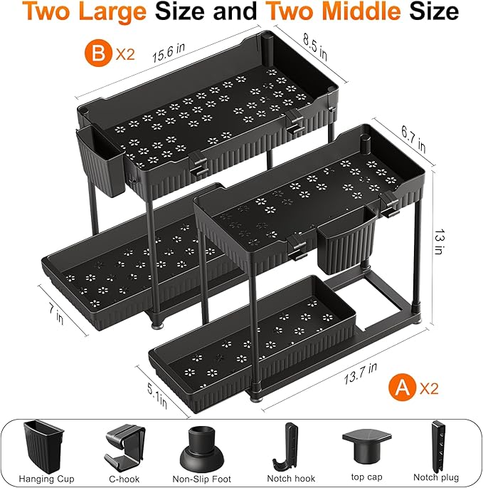 4-Pack Under Sink Organizer, 2-Tier Multi-Use Pull Out Kitchen Bathroom Organizers and Storage with Sliding Drawer, Cabinet Organizer with 2 Hanging Cups and Multi-type Hooks (Black)
