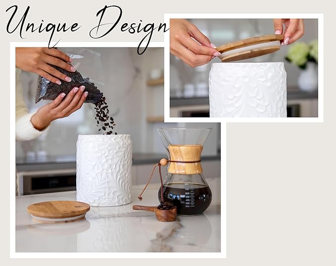 XXL 94 Oz Engraved Ceramic Kitchen Canister - Storage Jars with Airtight Lids Made from Bamboo with Nature-Inspired Engraving - Use as a Pasta Holder, Coffee Ground Holder, Rice Container, Candy Jar