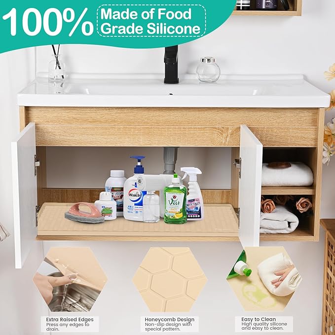 Waterproof Under Sink Mat 34" x 19", Silicone Cabinet Liner, Rubber Protector for Kitchen and Bathroom, Keeps Cabinets Clean, Dry, and Organized (Beige)