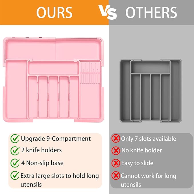 Homecor Silverware Organizer - Expandable Large Kitchen Drawer Organizer Utensil Organizer with 2 Knife Block Inserts, 22"x 19"Cutlery Tray with Drawer Dividers for Kitchen Flatware (Pink)
