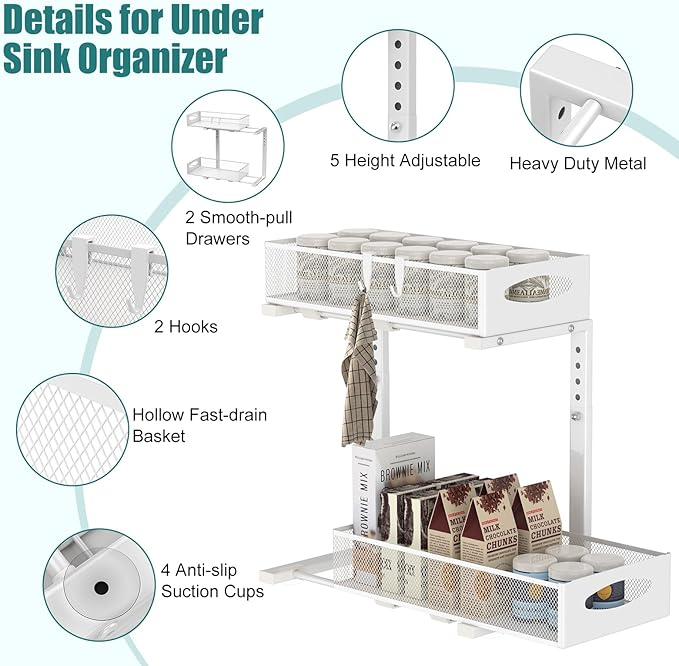 Under Sink Organizer, 2 Tier Metal Pull Out Under Sink Storage with Sliding Mesh Drawers, Height Adjustable Slide Out Under Sink Organizer for Kitchen Bathroom Cabinet, 2 Pack, White