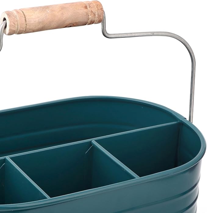 Alpha Living Home - Silverware Caddy, Wooden Utensil Holder with Handle, 4 Compartment Cutlery Organizer Bin for Forks, Spoons, Knives, Picnic, Kitchen Countertop Storage - Dark Cyan