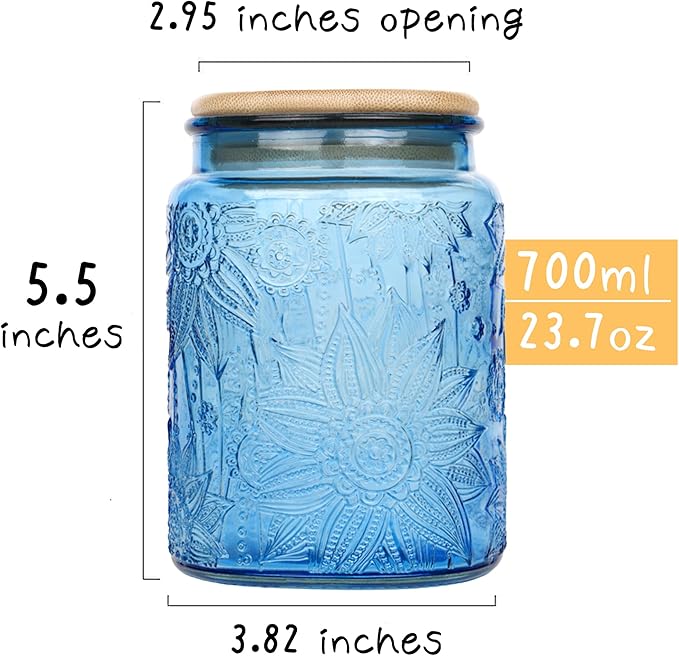 Blue Vintage Glass Candy Jar with Airtight Bamboo Lid, 23.7oz Kitchen Storage Canister for Sugar, Coffee, Tea, Cookies, Bath Salt - Decorative Mason Jar for Pantry & Counter(Blue, 23.7 fl oz)