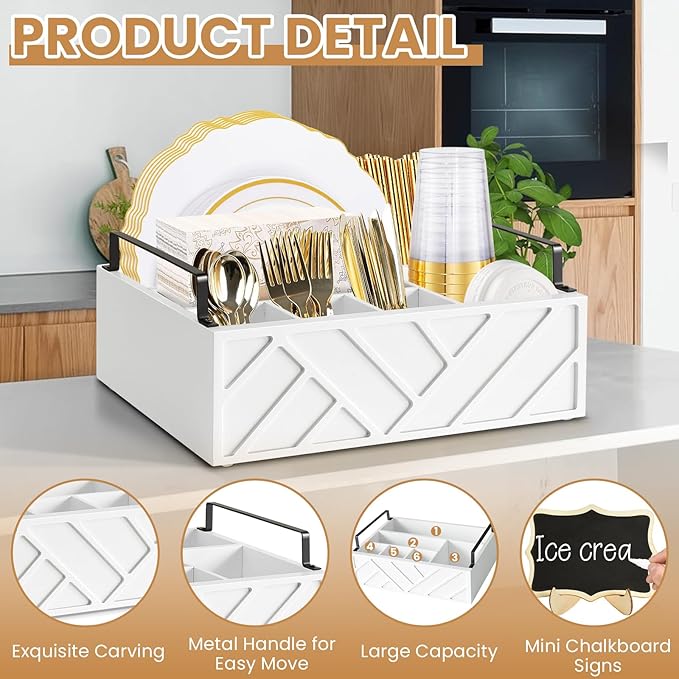 Paper Plate Dispenser with 10 Mini Chalkboard Signs, Wood Paper Plate Holders, Utensil Holder for Party Camping Buffet, Cutlery Flatware Organizer Box, Silverware Caddy for Plate Cup Fork Spoon(White)