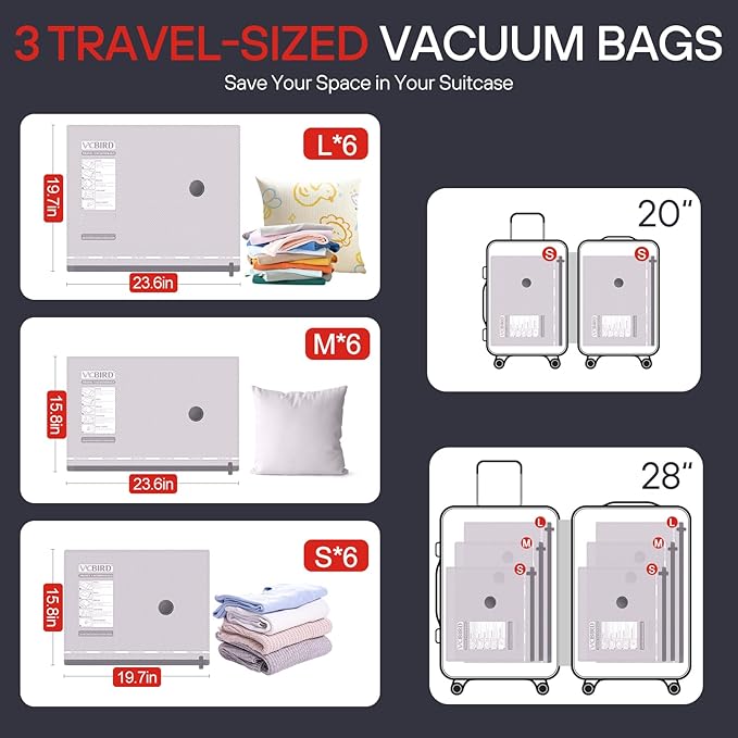 VMstr 18 Pack Travel Vacuum Storage Bags with High Pressure Electric Pump(D/C Power), Carry-on Size Space Saver Compression Bags for Clothes, Luggage & Packing