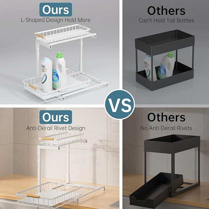 Delamu 2 Pack Under Sink Organizer and Storage, 2 Tier Pull Out Cabinet Organizer, Slide Out Under Sink Storage Shelf, Undersink Organizers Shelves for Kitchen Bathroom Pantry Organization