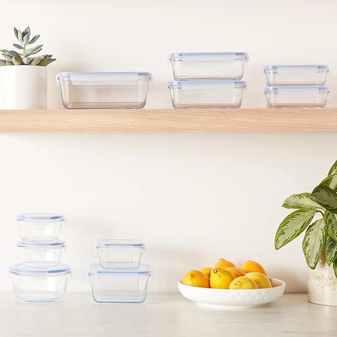 Amazon Basics 20-Piece Glass Food Storage Containers, includes 10 Bases and Plastic Lids, Transparent, Blue