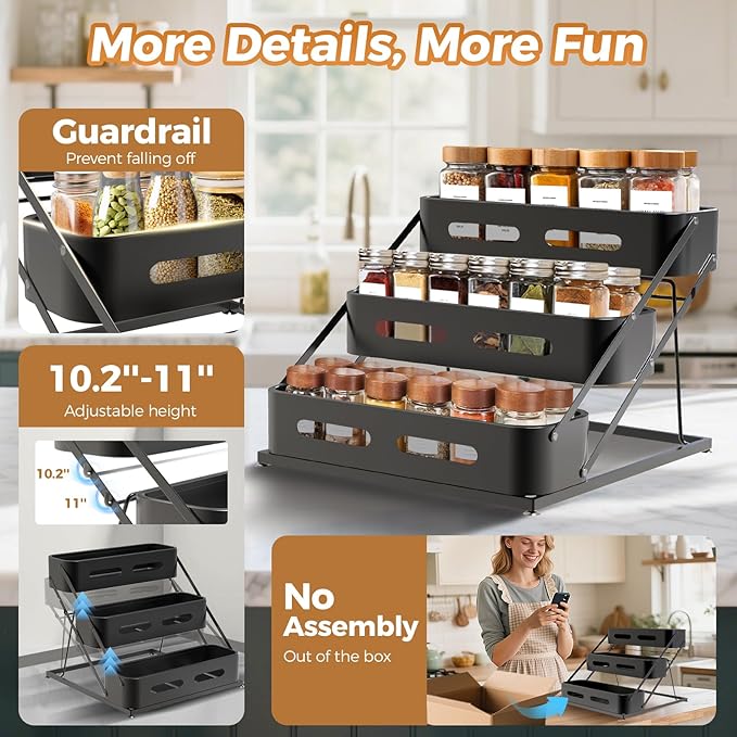 Airpro Spice Rack, 3 Tier Spice Rack Organizer for Cabinet, Seasoning Organizer for Countertop, Kitchen, Pantry, Cupboard, Sturdy Spice Organizer with Protection Railing, No Installation, Black