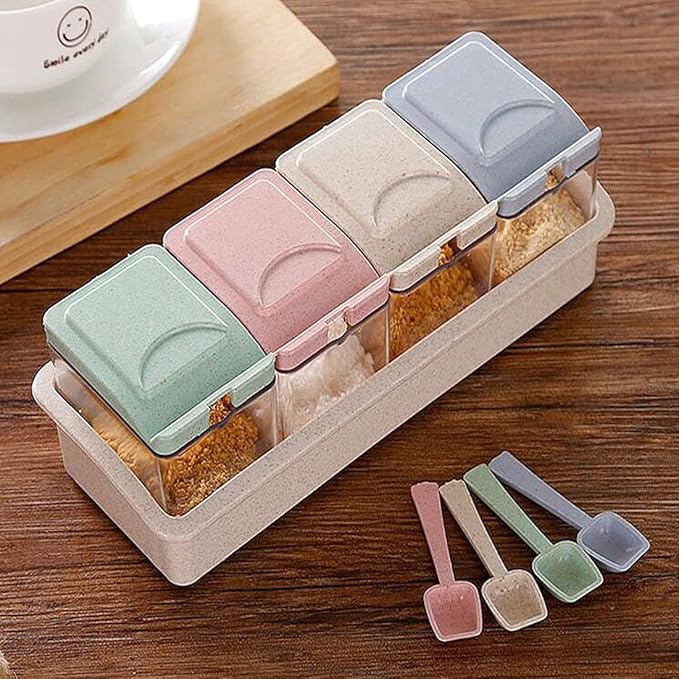 ZaoProteks Condiment Jar Spice Container with Lids and Spoons, Condiment Canisters Pots Seasoning Box Salt Container Sugar Bowl Set of 4 for Kitchen, Counter and Food Storage