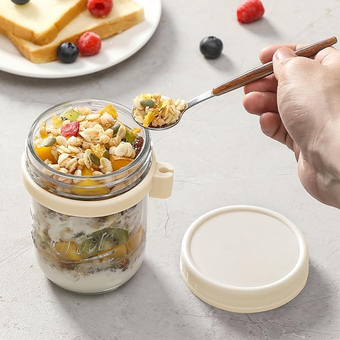 LANDNEOO 6 Pack Overnight Oats Containers with Lids and Spoons, 16 oz Glass Mason Overnight Oats Jars, Large Capacity Airtight Jars for Milk, Cereal, Fruit(Beige