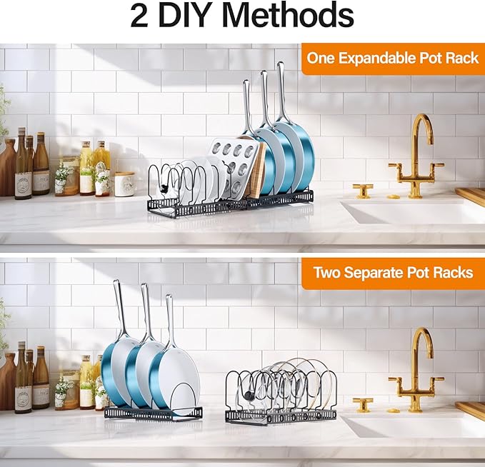 ORDORA Pots and Pans Organizer Under Cabinet, Expandable Cutting Board Pot Lid Organizer for Cabinet Holder with 10 Adjustable Dividers for Kitchen Storage
