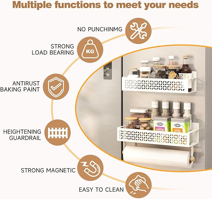 2 Pack Magnetic Spice Rack for Refrigerator with Upgraded Paper Towel Holder,Moveable Magnetic Shelf Fridge Organizer for Kitchen Organizer Storage (White)