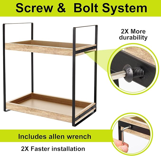 BEKU 2 Tier Bathroom Counter Organizer - Kitchen Sink Countertop Shelf - Makeup Vanity Tiered Tray - (Wood)
