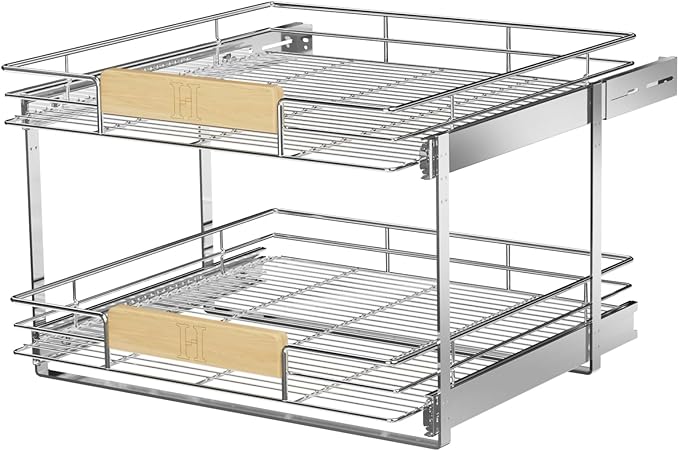 LOVMOR 2 Tier Pull Out Cabinet Organizer 22½" W x 21½" D, Slide Out Drawers with Wooden Handle, Sliding Shelves Organization and Storage for Kitchen, Pantry
