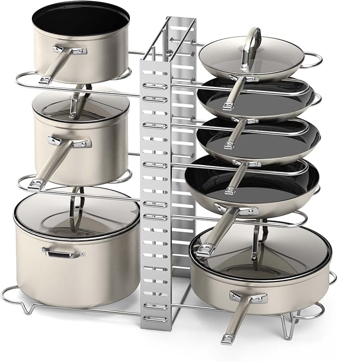 Vdomus Pot Rack Organizer - 3 DIY Methods, Pan and Lid Storage for Cabinet Organizing, 8+ Pot and Pan Holder, Adjustable Pot Rack Lid Holder (Silver)