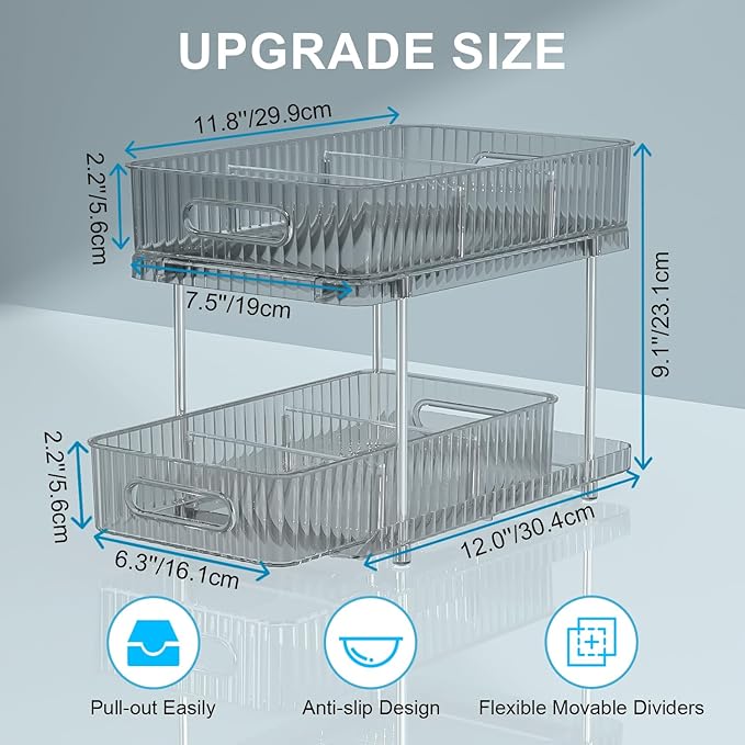 Fowooyeen Bathroom Cabinet Organizer, 2 Tier Pull Out Under Sink Organizers and Storage, Multi-Purpose Kitchen Pantry Medicine Organization and Storage Shelves Bins with Movable Dividers Grey