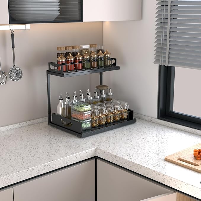 Under Kitchen Sink Organizers and Storage,2 Tier Sliding Cabinet Basket Organizer Drawer,Storage Shelves,Multi-purpose Cabinet Organizers for Kitchen Bathroom.14.17X10.66 X 15.27In(Black,2 Pack)