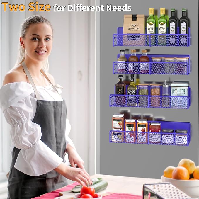 Magnetic Spice Rack for Refrigerator, 4 Pack Metal Magnetic Shelf, Super Magnetic Spice Organizer, Moveable Space Saving Shelf, Durable Home Kitchen Organization and Storage Racks, Purple Blue
