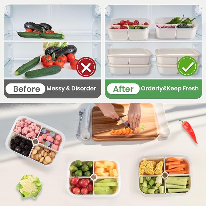 4Pcs Divided Serving Tray with Lid: Fruit Storage Containers for Fridge with 4 Removable Compartment, Storage Organizer for Snacks, Fruit, vegetables, Portable Snackle Box for Party, Travel, Picnics