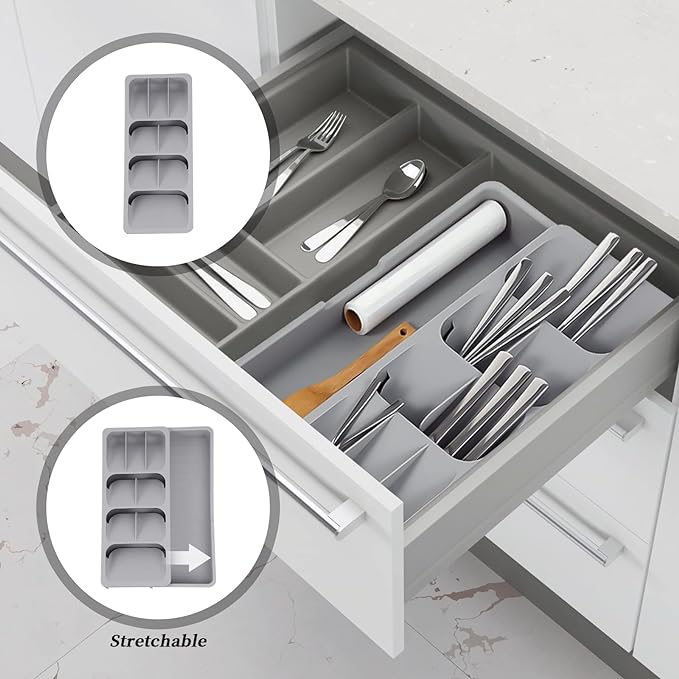 Faridabio Silverware Drawer Organizer Set of 2, Expandable Cutlery Tray for Kitchen, Adjustable Utensil Tray Cutlery Holder, Compact Plastic Storage for Spoons Forks Knives, Grey