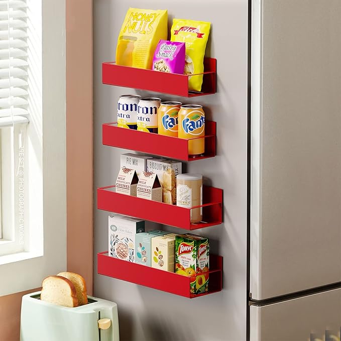 4 Pack Moveable Fridge Magnetic Spice Racks,Metal Red