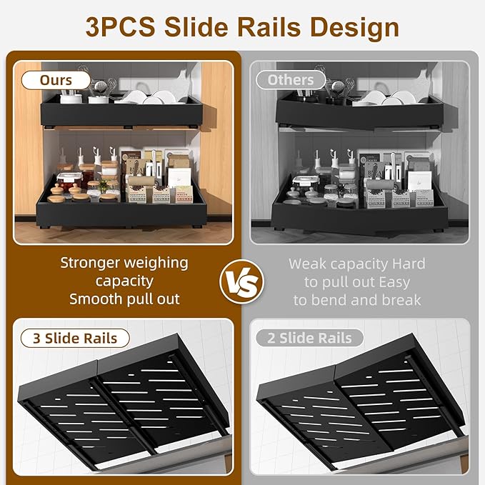 2 Pack 16.8" Deep Pull Out Drawers for Cabinets, Expandable Slide Out Drawers for Kitchen Cabinets, Pull Out Cabinet Organizer Roll Out Shelves for Pantry(Width 12.2"-19.7", Black)